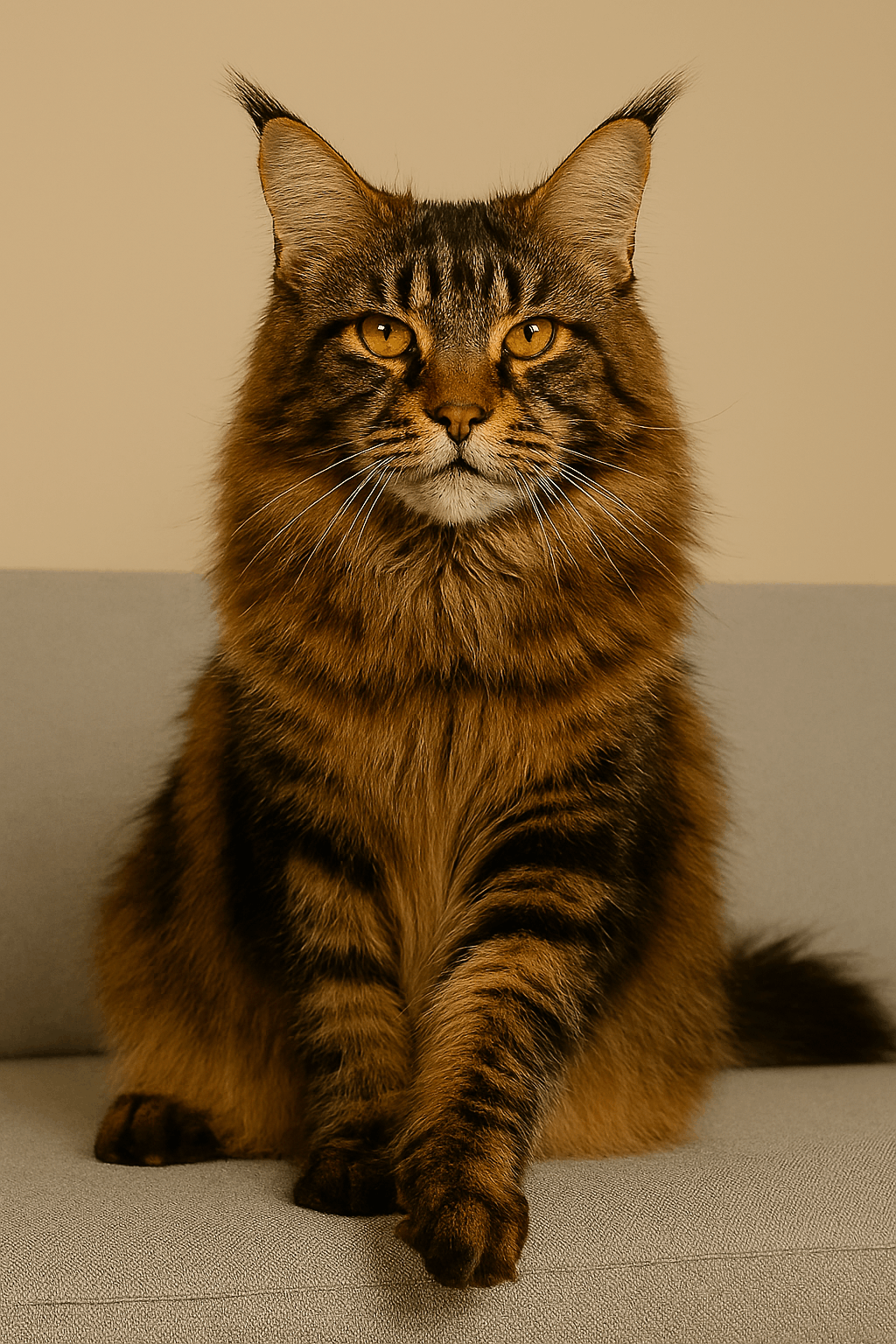 Regal Maine Coon cat sitting tall with flowing fur and tufted ears, bathed in warm light on a velvet armchair, gazing proudly toward the camera with a sunset in the background.
